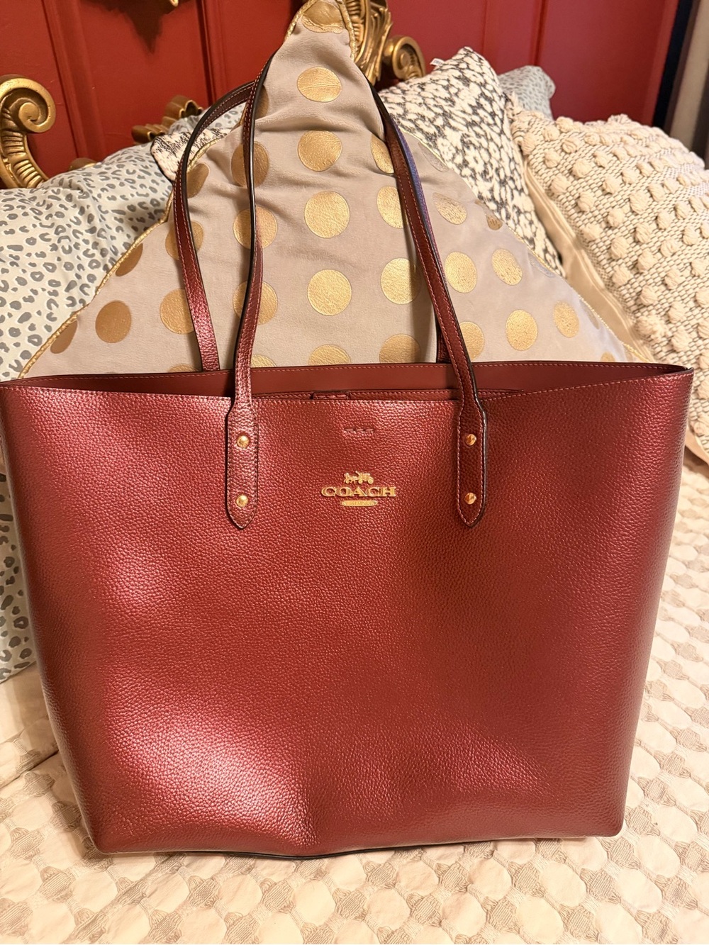 Coach Burgundy Pebbled Leather Tote with Gold Logo